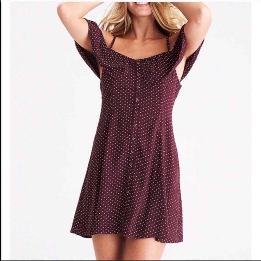 AE Cold Shoulder Button Up Maroon Polka Dot Dress